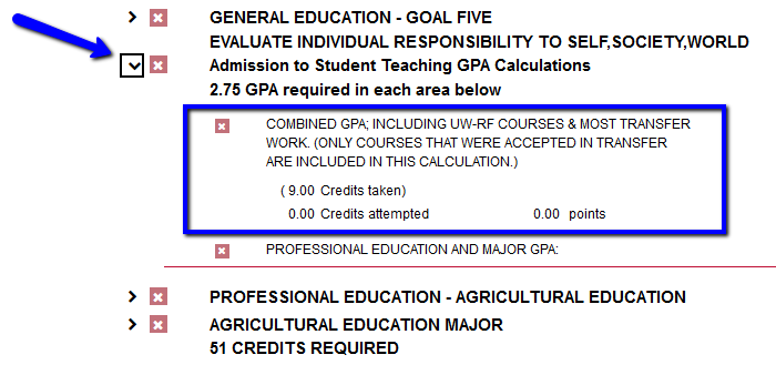 Shows where the combined GPA can be found on a student's degree audit report
