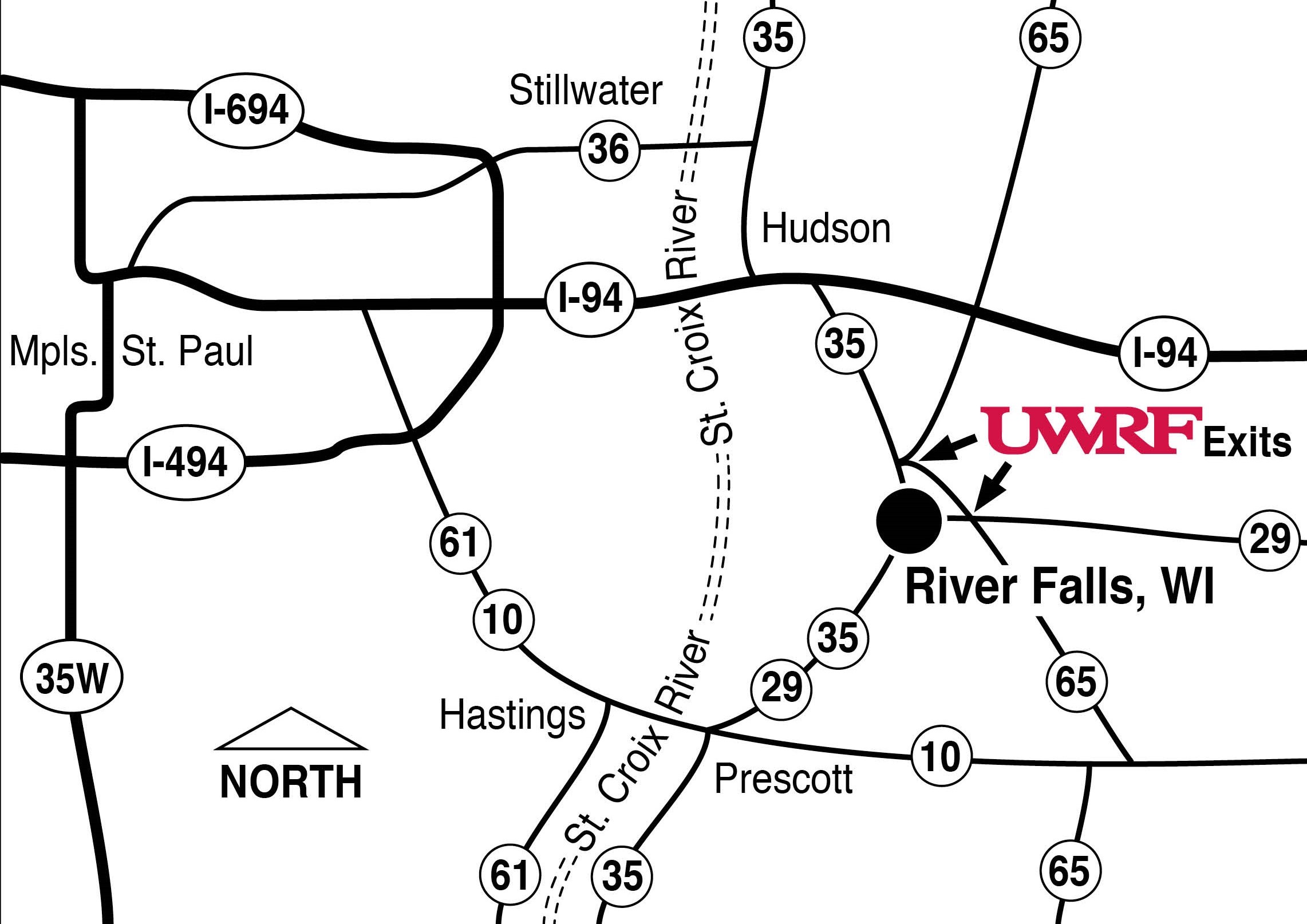 Map showing the distance from the Twin Cities to River Falls