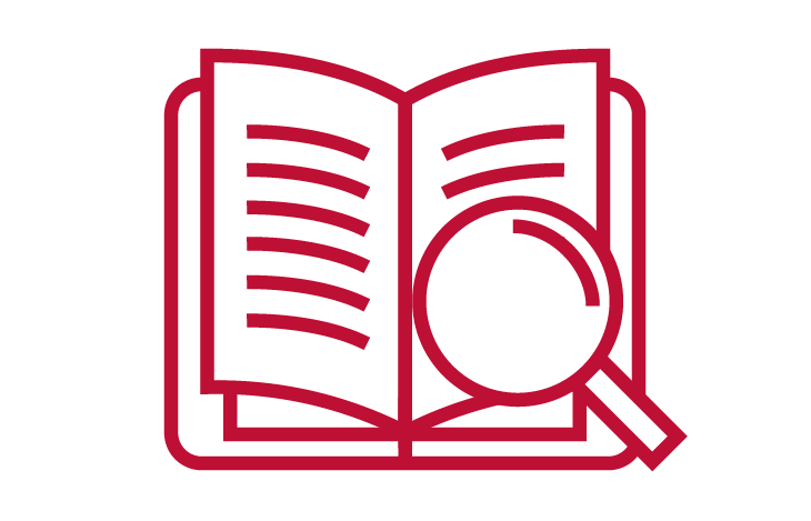 red icon of an open book with a magnifying glass held to the text
