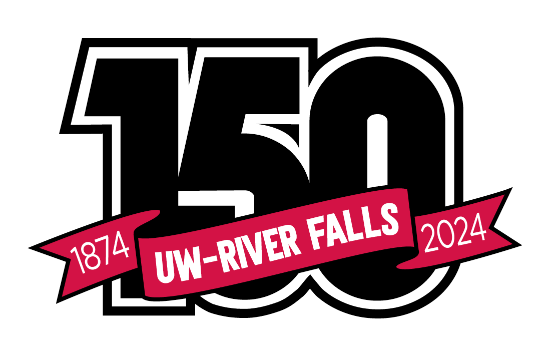 A logo consisting of a black 150 numeral with a red banner overlaid with the text "1874 UW-River Falls 2024"