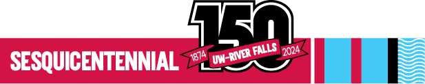 A red bar that says "sesquicentennial" and a stylized black logo saying "150 UW-River Falls"