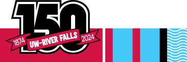 A red bar that says "sesquicentennial" and a stylized black logo saying "150 UW-River Falls"