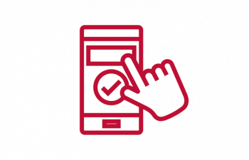 Red and white simple icon. Depiction of a cell phone with a checkmark on the screen. Hand with index finger extended to mimic someone clicking on the screen.