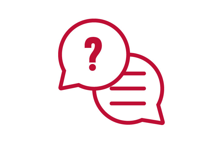 Simple red and white icon with two thought bubbles. In one is a question mark and the other houses three straight lines representing text.