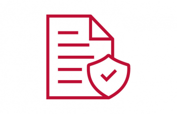 Red and white icon of a piece of paper with lines representing text and a shield with a checkmark in it overlaid on the paper.