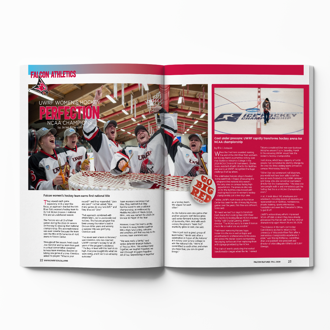 Falcon Features magazine open to a story about the UWRF Women's Hockey team