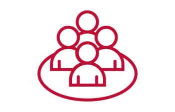 Red and white simple icon. Four simple graphic icons of people encircled in a red circle to simulate them being in a group