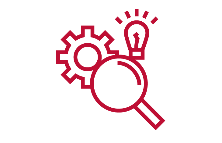 Simple red and white icon that includes a magnifying glass, a gear and a lightbulb.